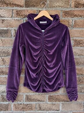 MahaDevi Design Purple Velour Ruched Double-Lined Zip-Up Hoodie